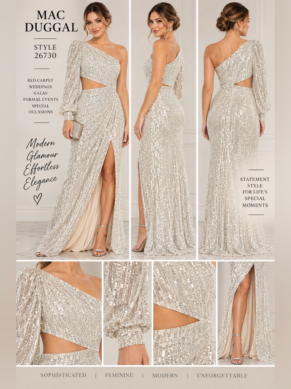 Mac Duggal 26730 Silver Sequin One Shoulder Cutout Gown Size 4